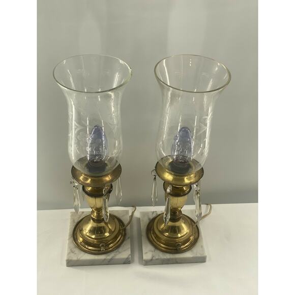 2 Hollywood Regency Candle Lamps MCM Hurricane Marble Brass w Glass Prisms 16" - Picture 12 of 12